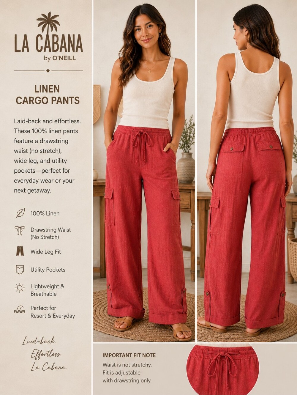La Cabana Linen Cargo Pants Red Wide Leg Drawstring Size 10